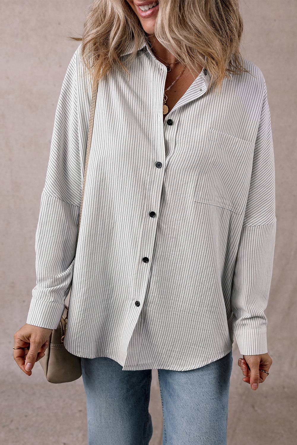Lovesoft - Stripe Roll-tab Sleeve Pocketed Long Shirt: Black Stripe / 65%Polyester+35%Cotton / XL