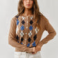 Aaron & Amber - AJT5092 RELAXED FIT ARGYLE SWEATER CARDIGAN: TAUPE / S
