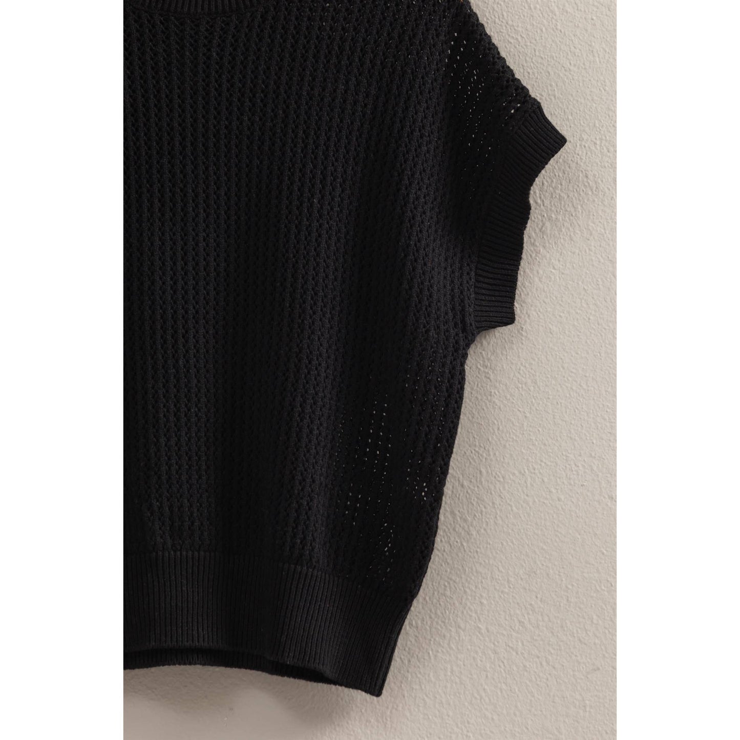 Open-Knit Dolman Sleeve Top: BLACK