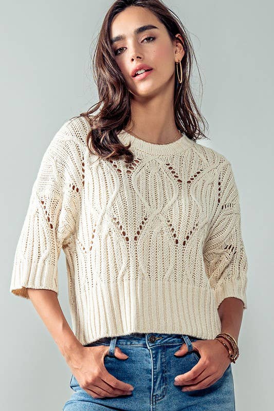 Knit Sweater Crochet Round Neck Short Sleeve Top: CREAM
