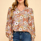 Les Amis - Floral Print Long Sleeve Blouse with Ruffled Neck: Mocha / M