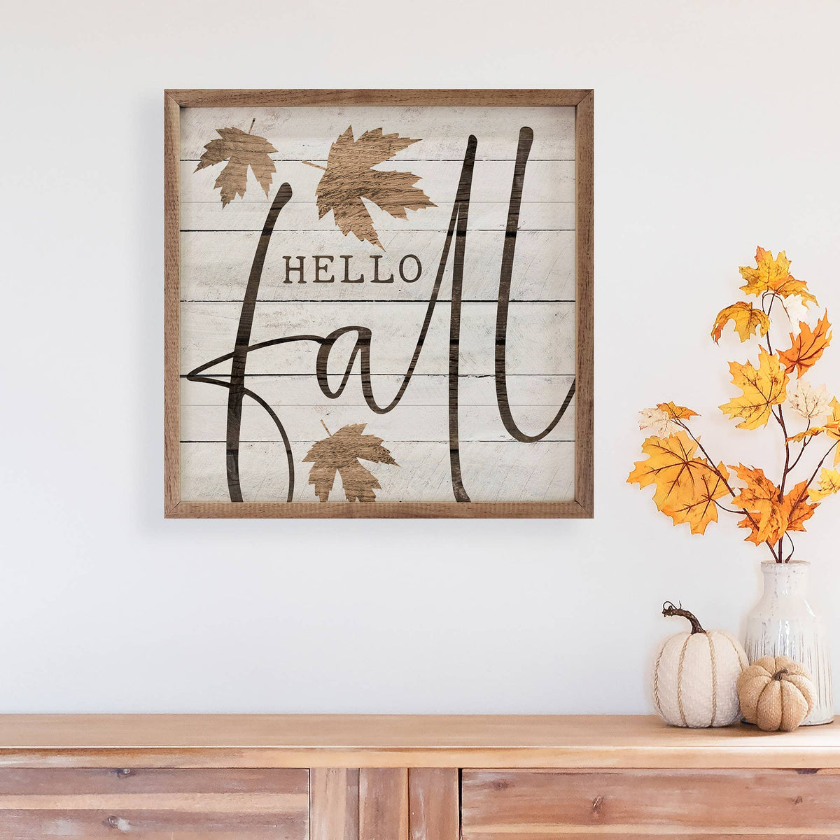 Kendrick Home - Hello Fall Leaf Whitewash: 16 x 16 x 1.5