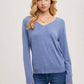 V-Neck Knit Pullover Long Sleeve Top: DENIM