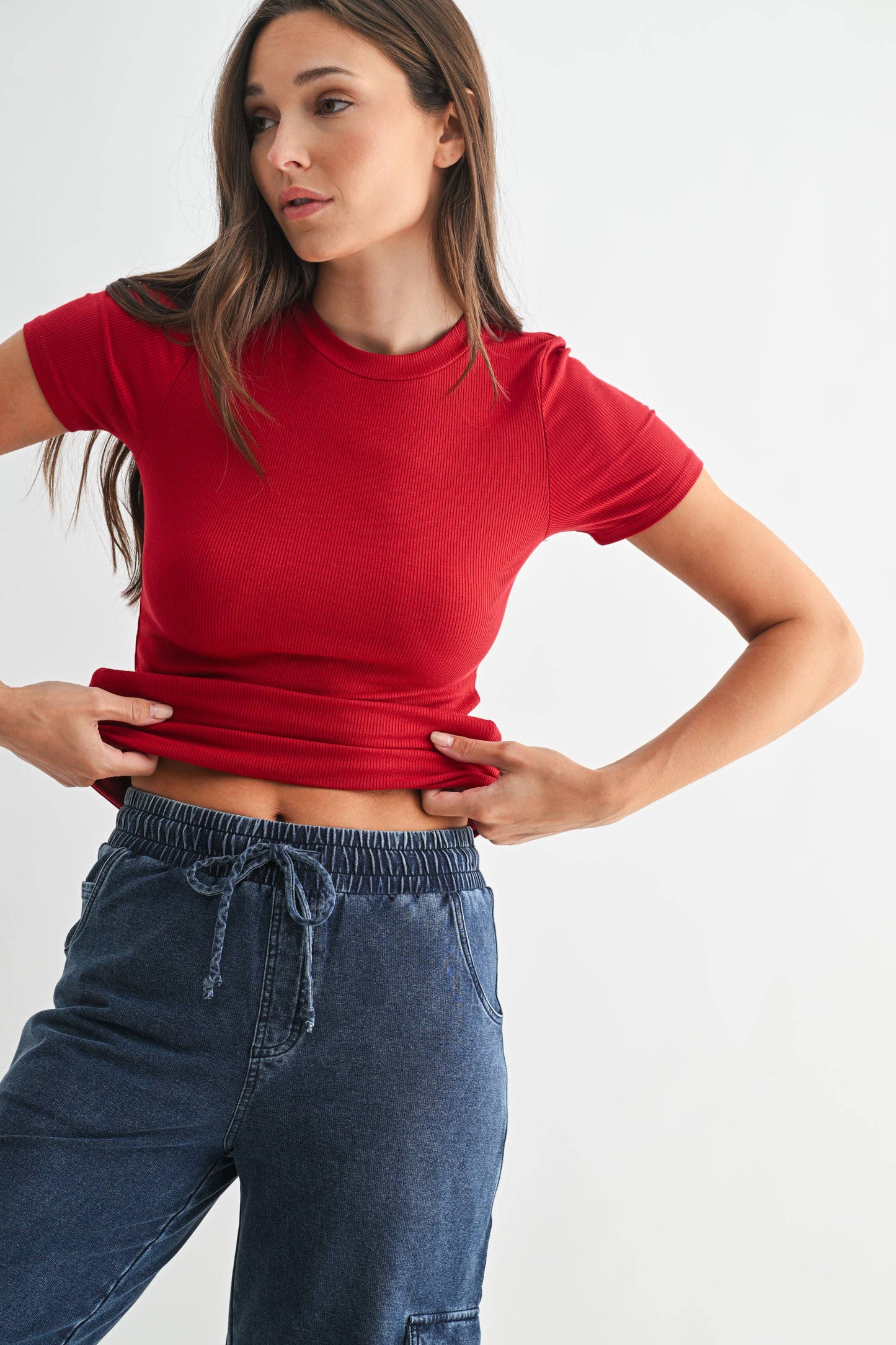 Mono B - Essential Short-Sleeved Micro-Ribbed Athleisure Top: DEEP FOREST / S:M:L (2:2:2)