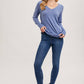 V-Neck Knit Pullover Long Sleeve Top: DENIM