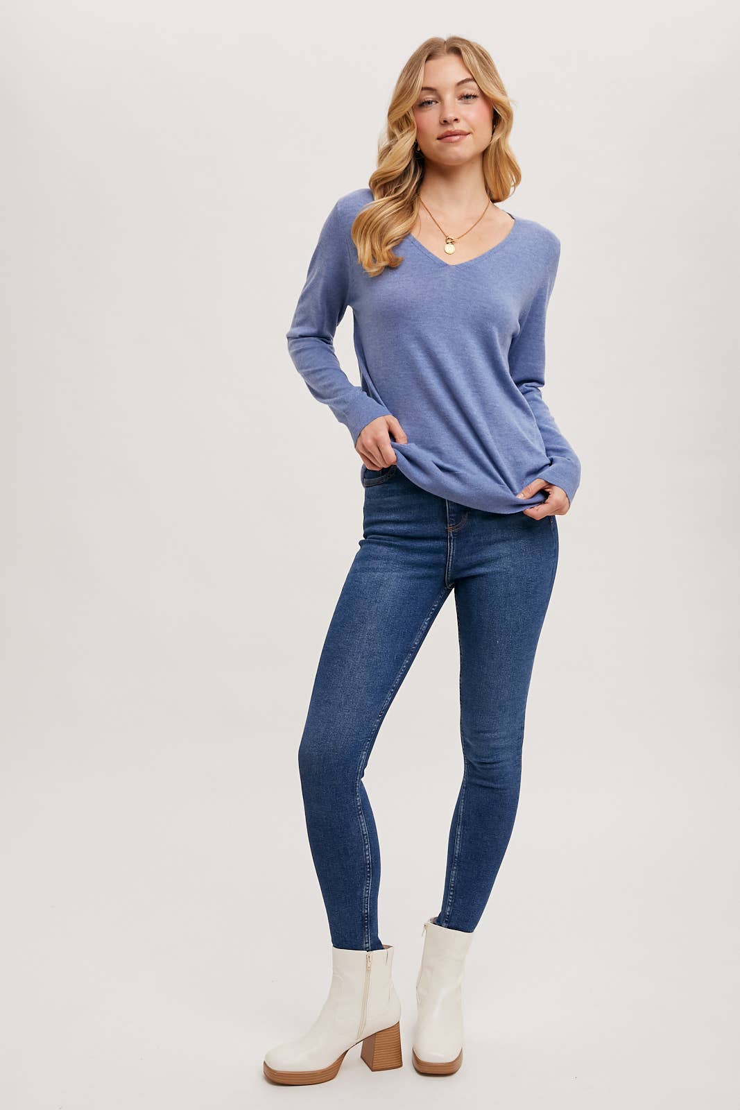 V-Neck Knit Pullover Long Sleeve Top: DENIM