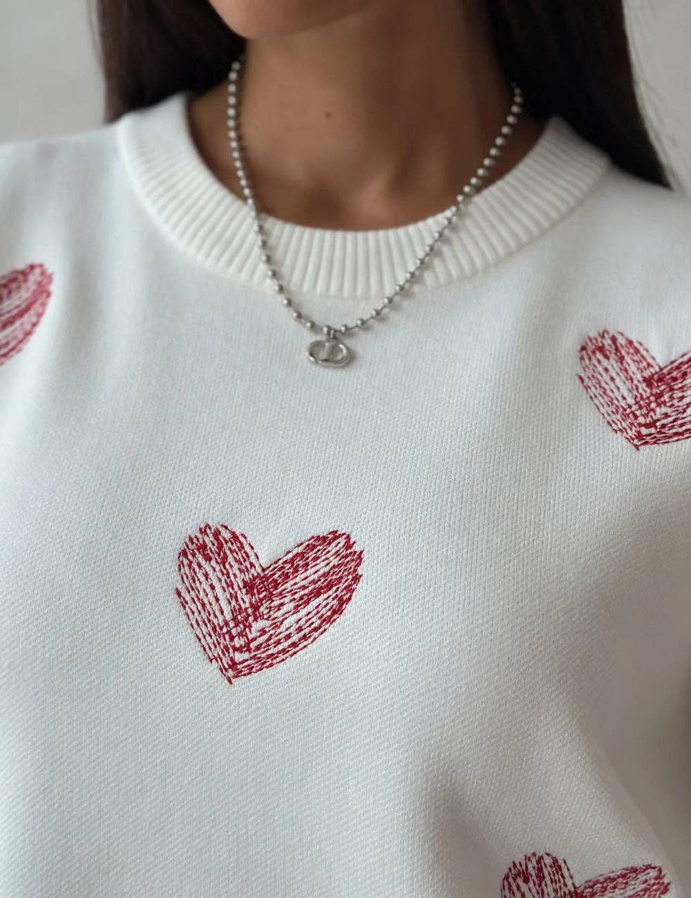 Ladies Color Block Heart Pullover Sweater: WHITE/PINK