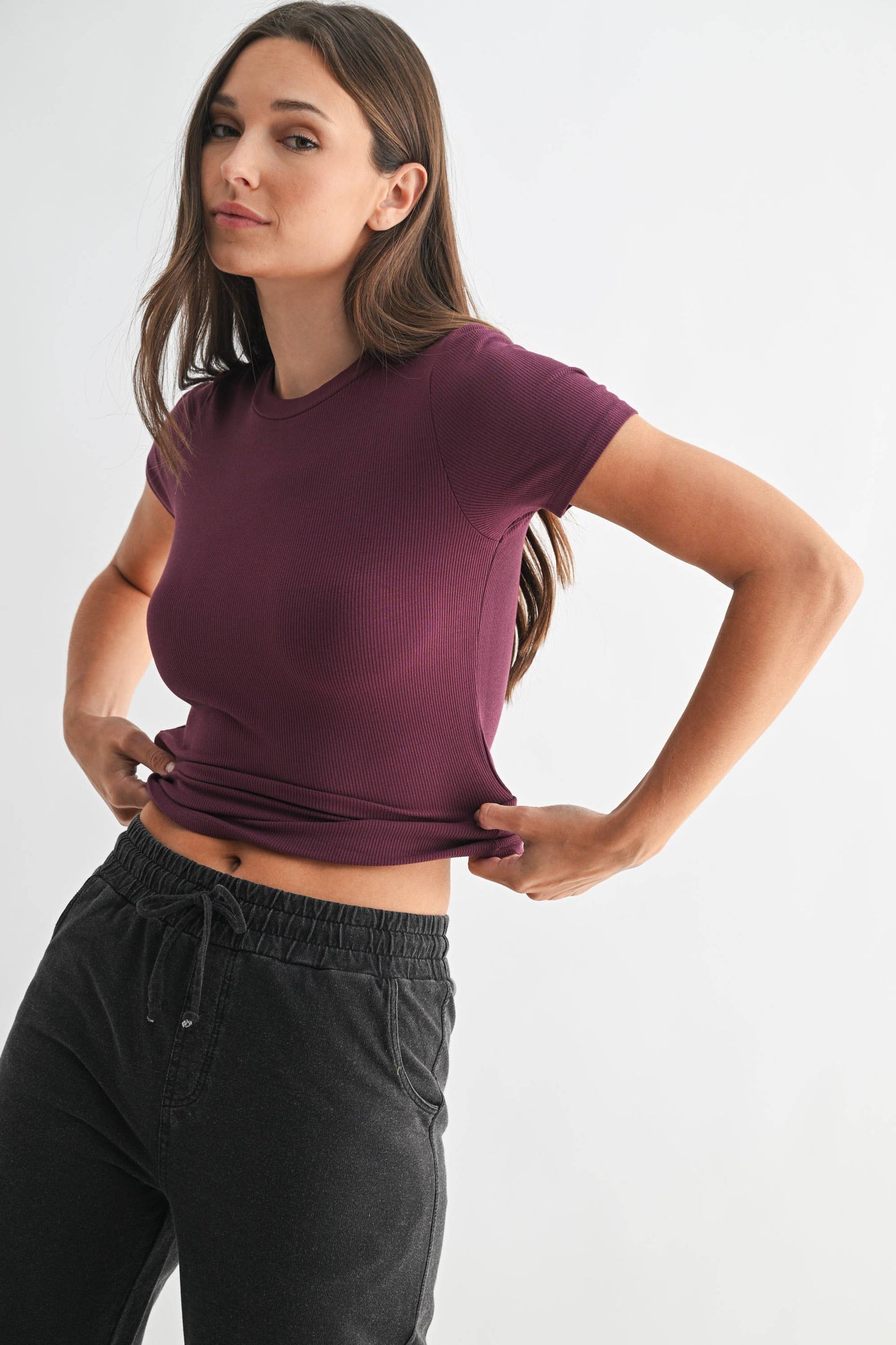 Mono B - Essential Short-Sleeved Micro-Ribbed Athleisure Top: DARK PLUM / S:M:L (2:2:2)