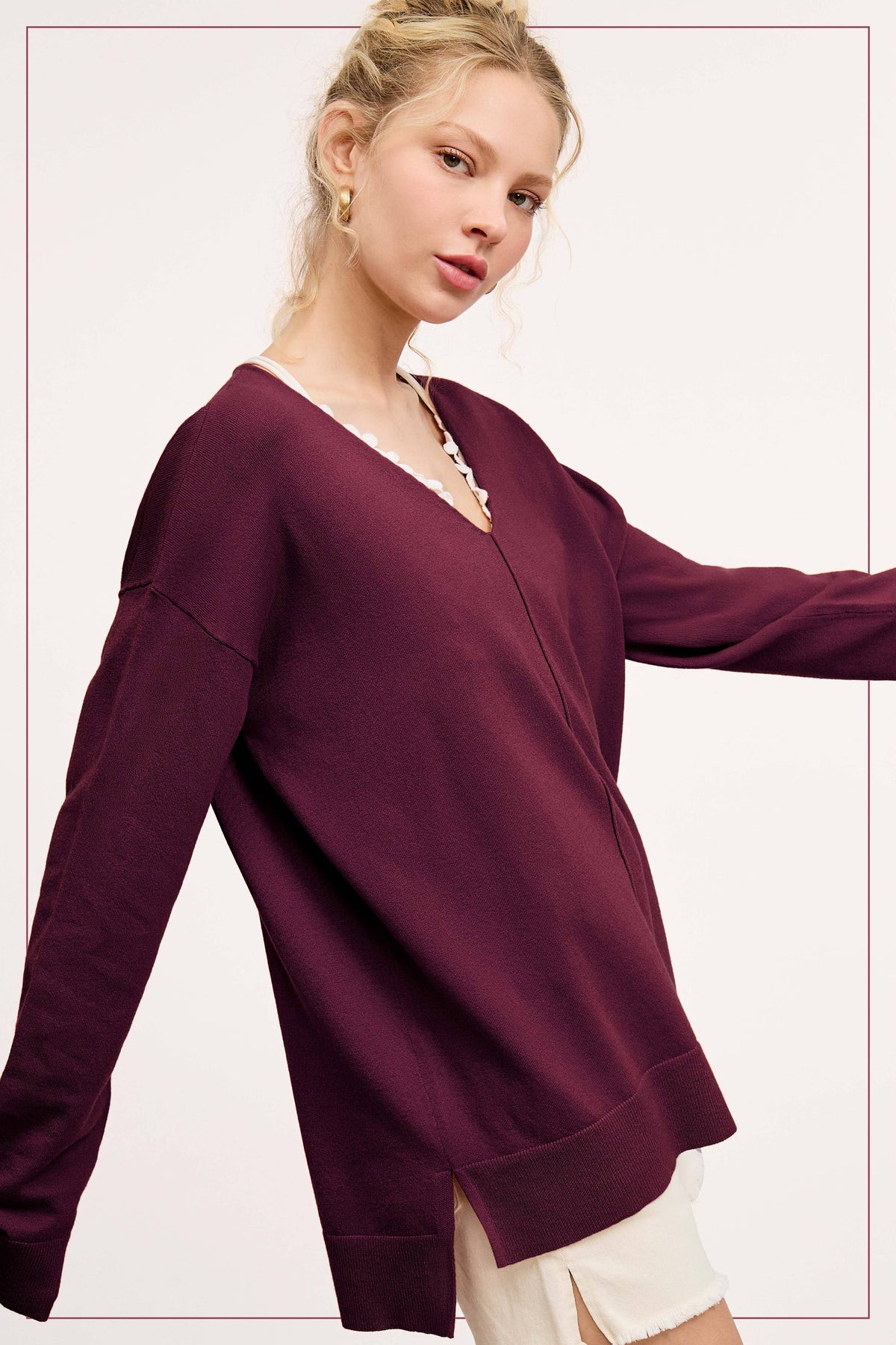 La Miel - JBS3122-V-neck Long Sleeve Lightweight Knit Top Christmas: Apple Green / M