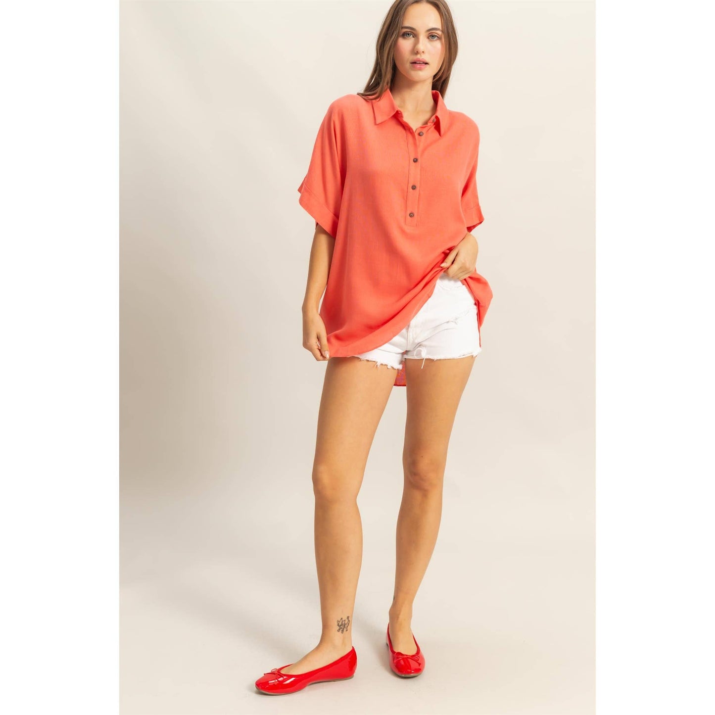Dropped Shoulders Half Placket Shirt: ORANGE