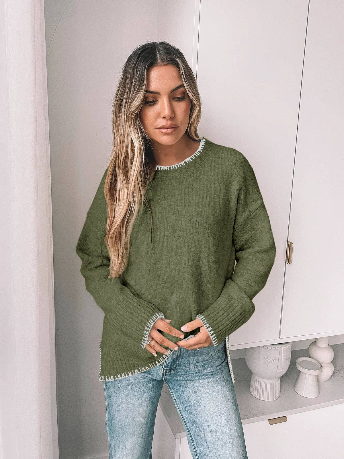Lovesoft - Solid Color Versatile Split-end Pullover Sweater: Light khaki / 50%Viscose+25Nylon+25%Polyester / L