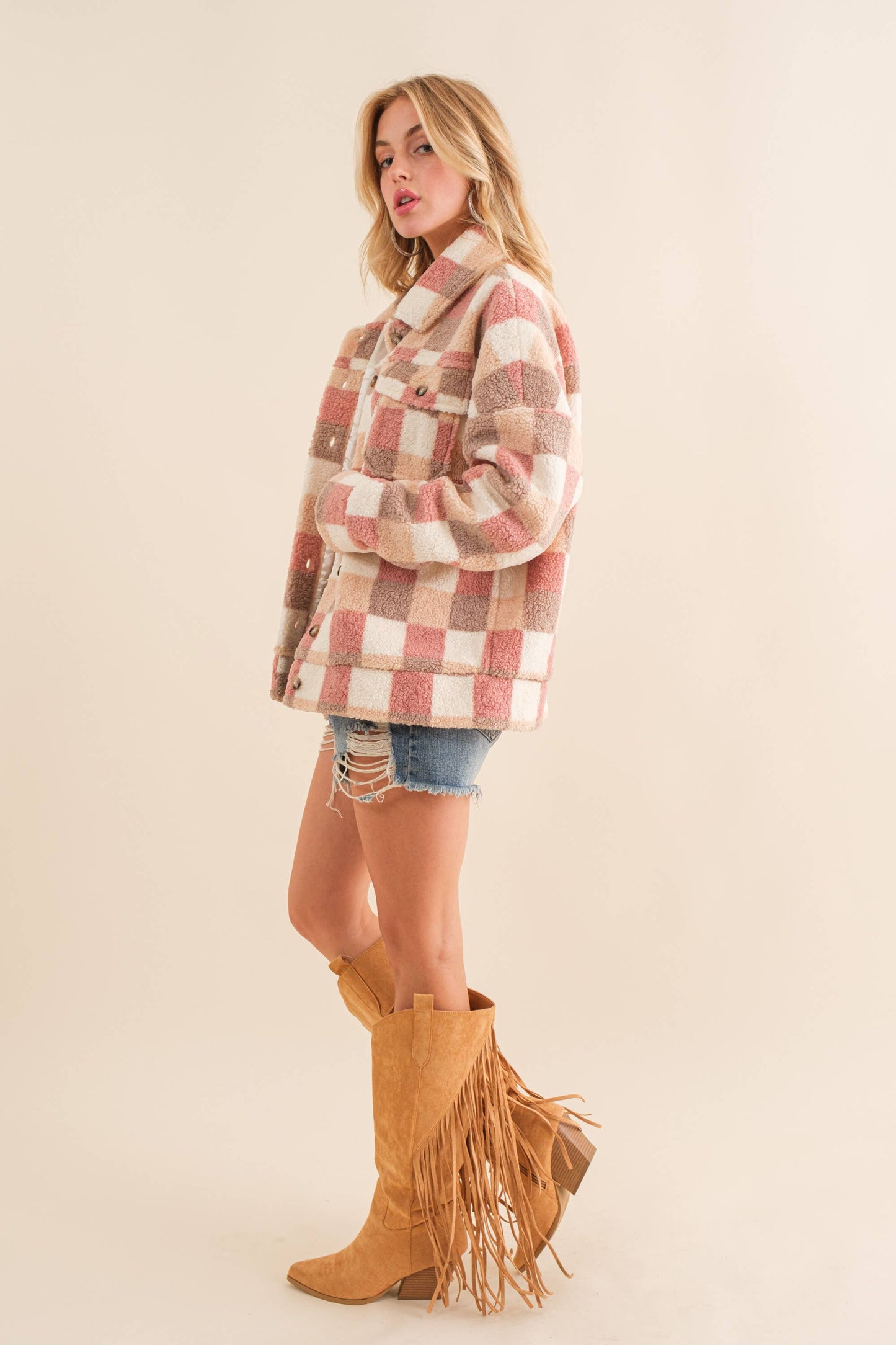 Checkered Teddy Chest Pocket Oversized Jacket: PINK