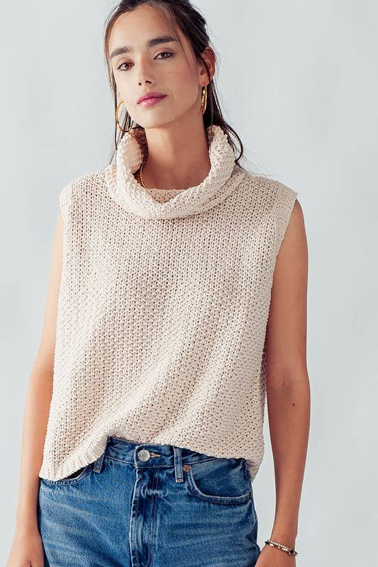 Sleeveless Cowl Neck Crochet Top: CREAM
