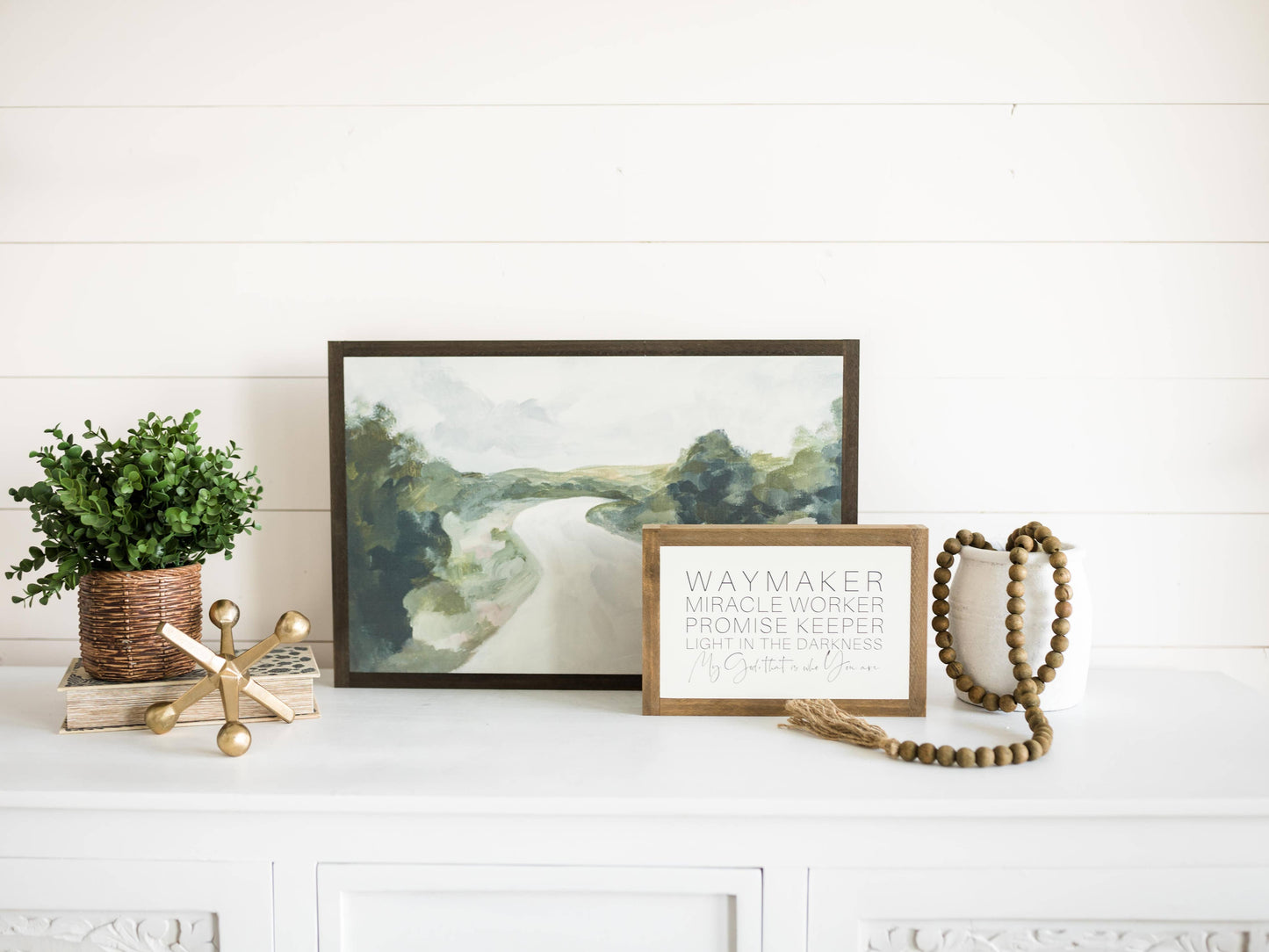 Waymaker | Wall Art: Soft White-Black Text / Light Brown Frame / 24 inches x 16 inches