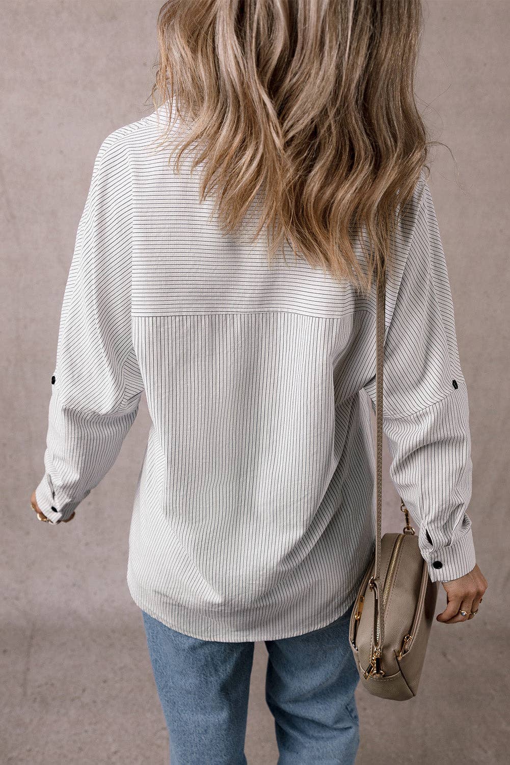 Lovesoft - Stripe Roll-tab Sleeve Pocketed Long Shirt: Black Stripe / 65%Polyester+35%Cotton / XL