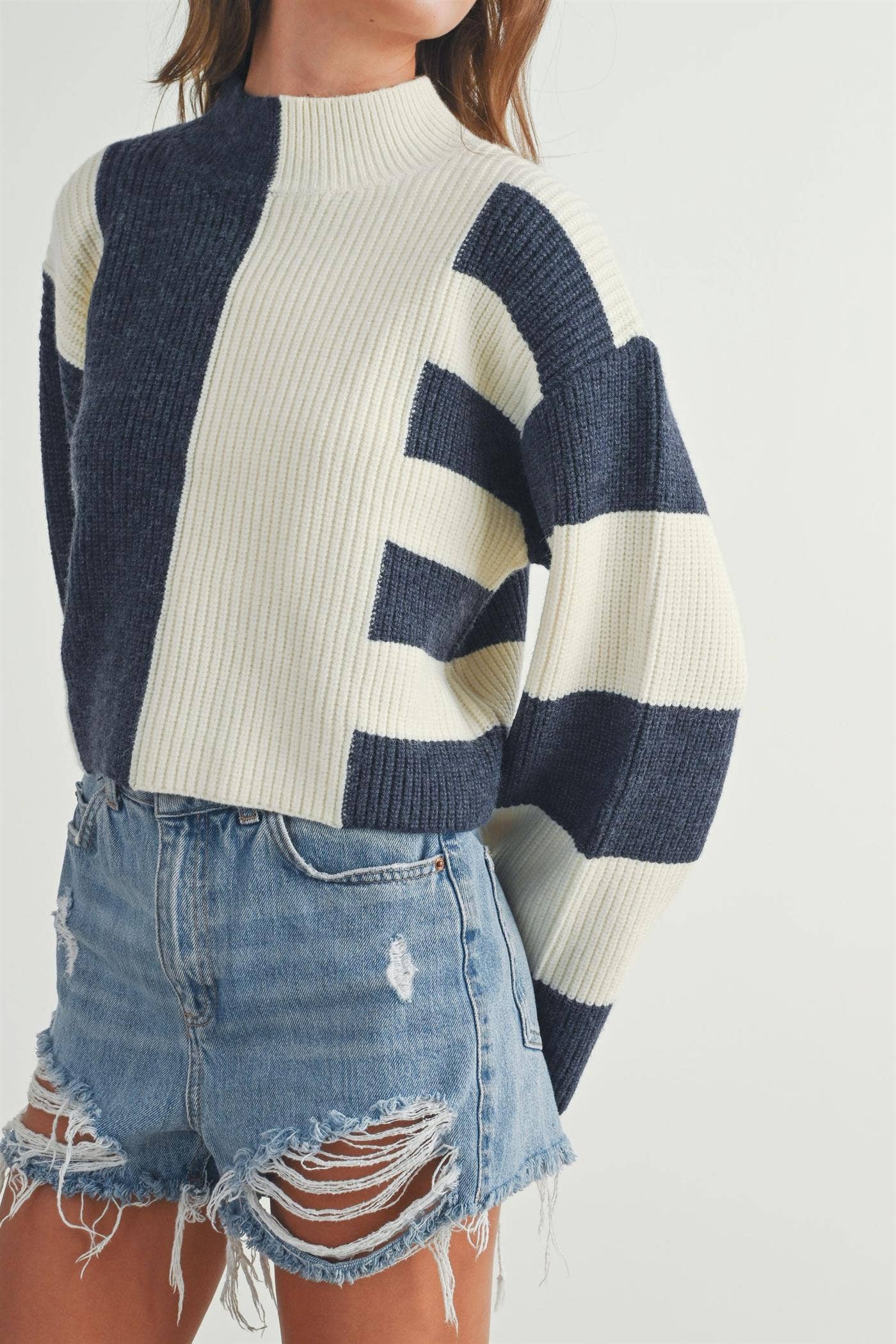 Color Block Mock Turtleneck Sweater-  BLACK / OAT