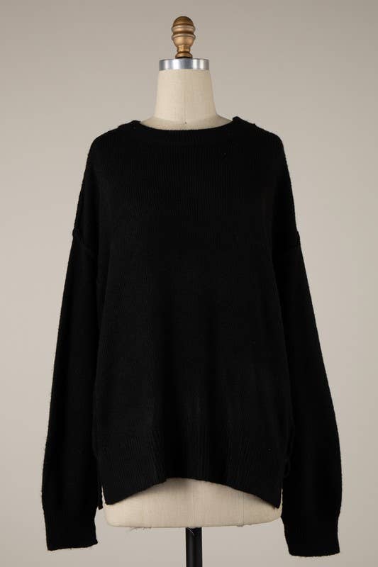 Ribbed Soft Pullover Sweater Top: Black