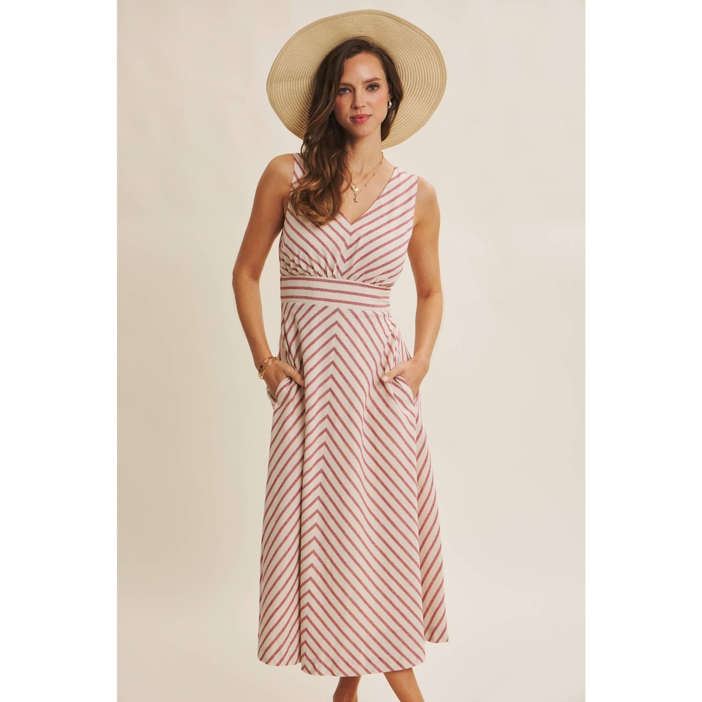 in february - SOFT-GLOW COTTON BLEND LUREX STRIPE FIT AND FLARE MIDI DRESS: RED / L
