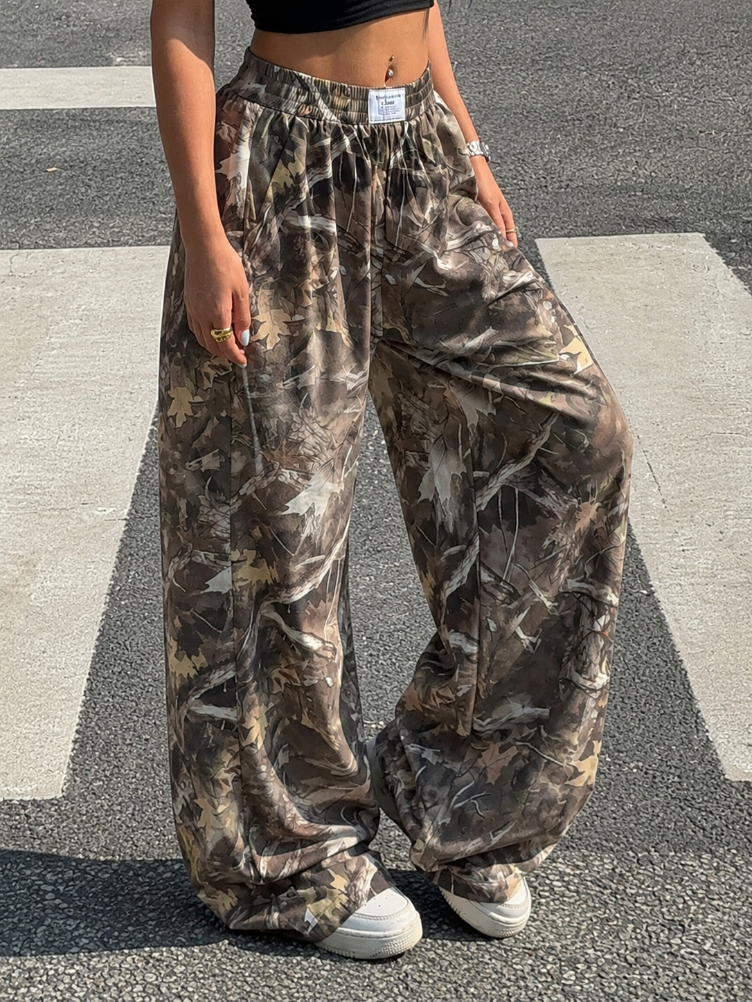 Lovesoft - Tartan Plaid Wide Leg Palazzo Pants: Branch Print / 95%Polyester+5% Elastane / M