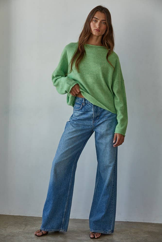 By Together - W2114 | Knit Sweater Rolled Round Neck Pullover Top: Green / M