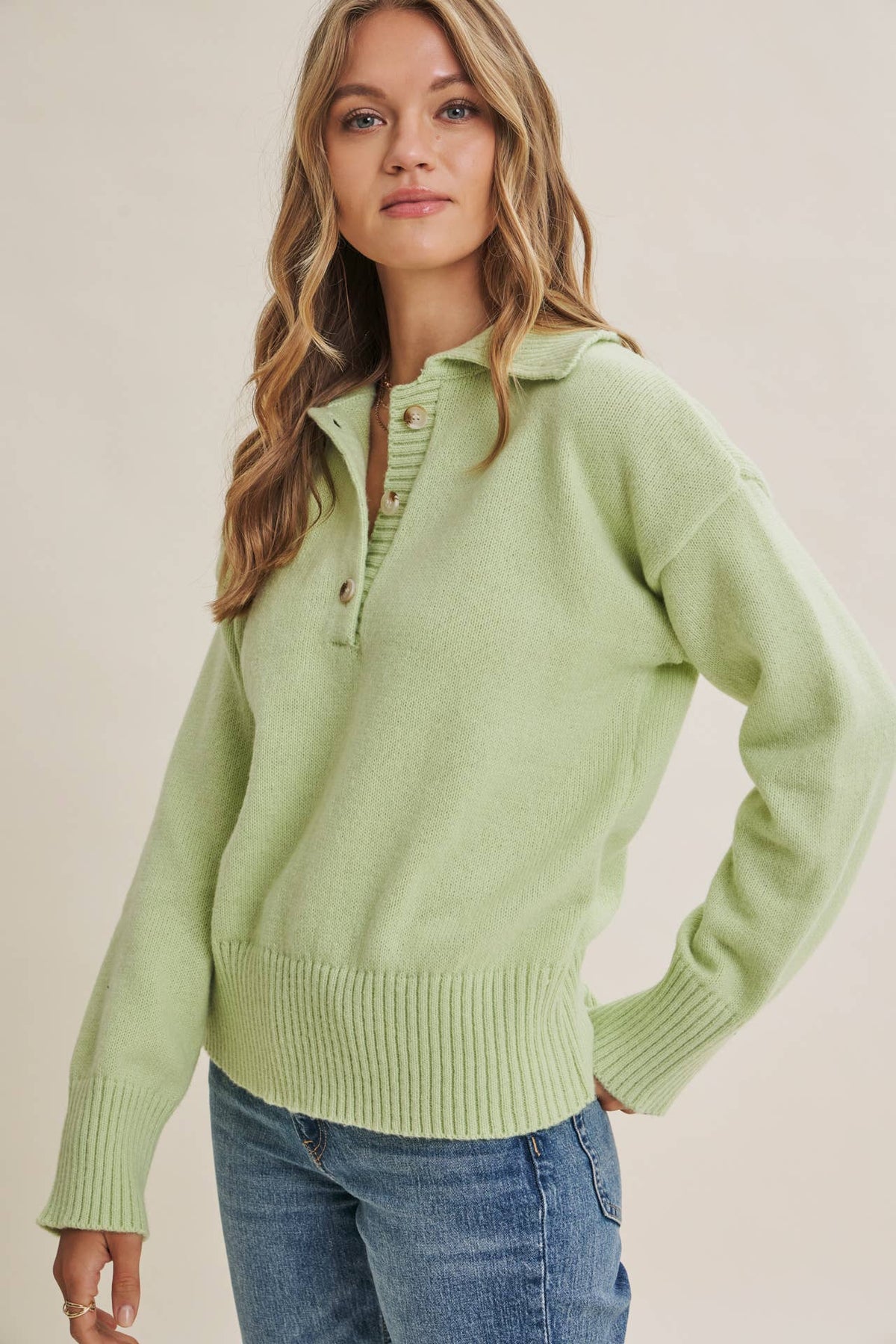 in february - MORNING LIGHT UPLIFTING SOFT PASTEL POLO SWEATER TOP: BUTTER YELLOW / M