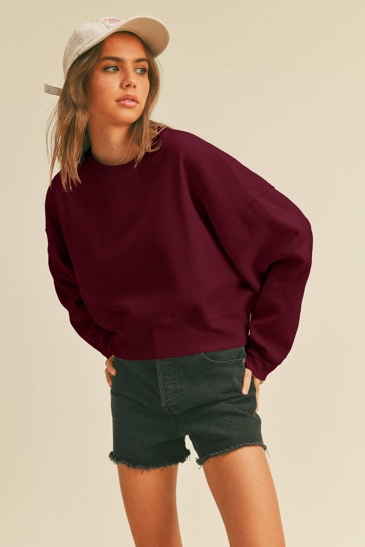 Honestee - Blank Short Cropped Long Sleeve Sweatshirt: Burgundy / L