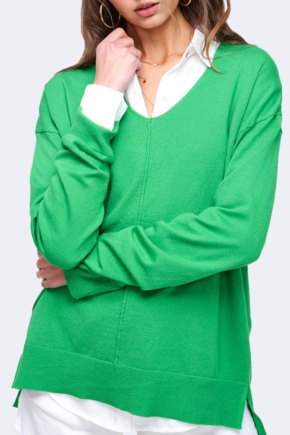 La Miel - JBS3122-V-neck Long Sleeve Lightweight Knit Top Christmas: Apple Green / S
