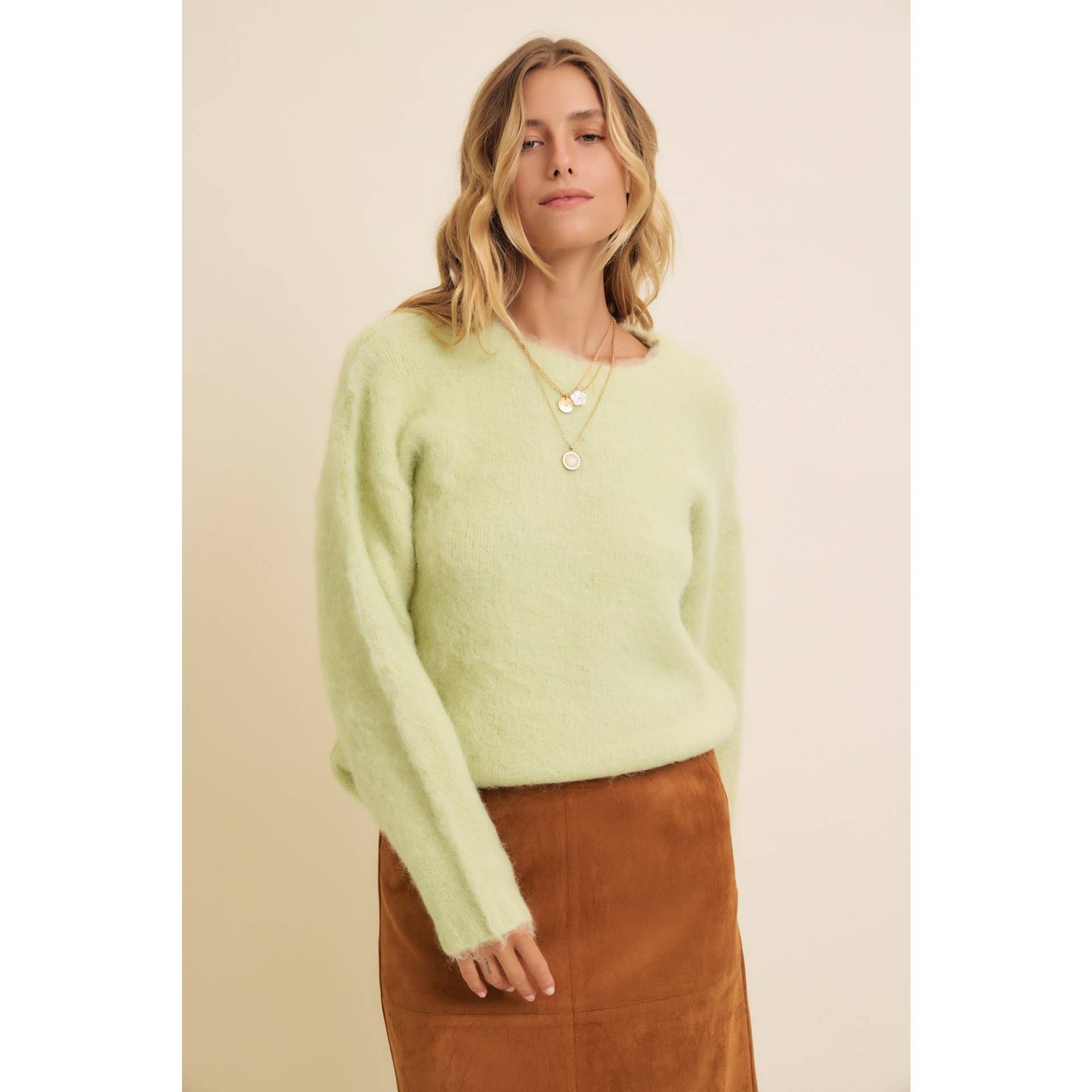 Fluffy Brushed Long-sleeved Round Neck Sweate: SAGE