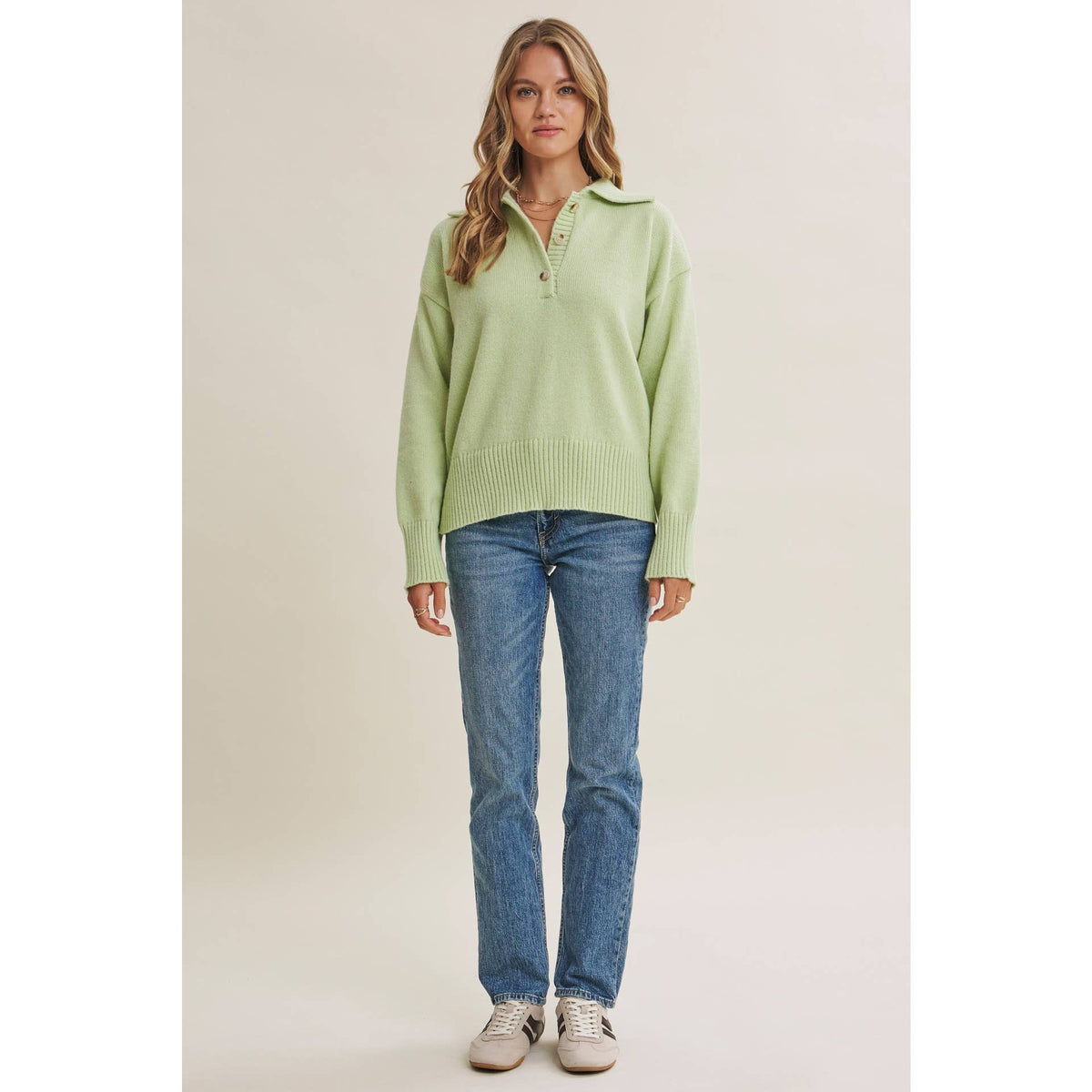 in february - MORNING LIGHT UPLIFTING SOFT PASTEL POLO SWEATER TOP: BUTTER YELLOW / M