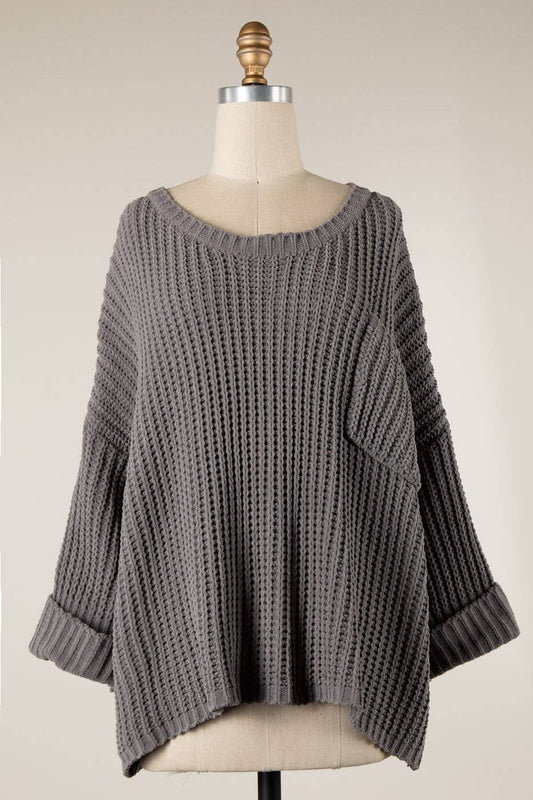 Cuffed Sleeve Chenille Cable Knit Sweater: Charcoal