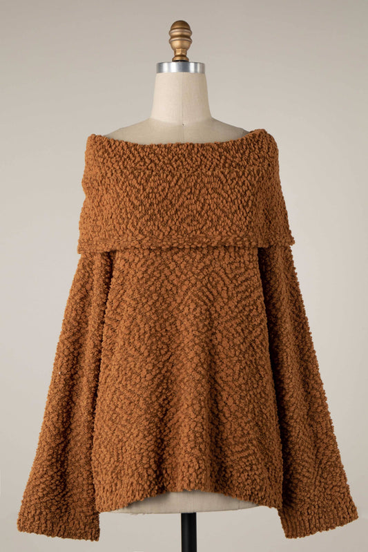 Cowl Neck Popcorn Knit Sweater: Camel