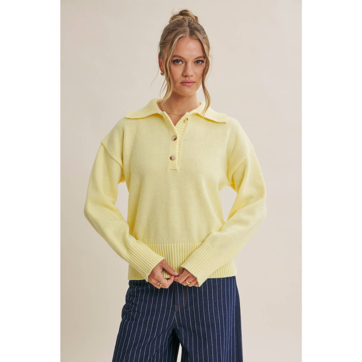 in february - MORNING LIGHT UPLIFTING SOFT PASTEL POLO SWEATER TOP: BUTTER YELLOW / L