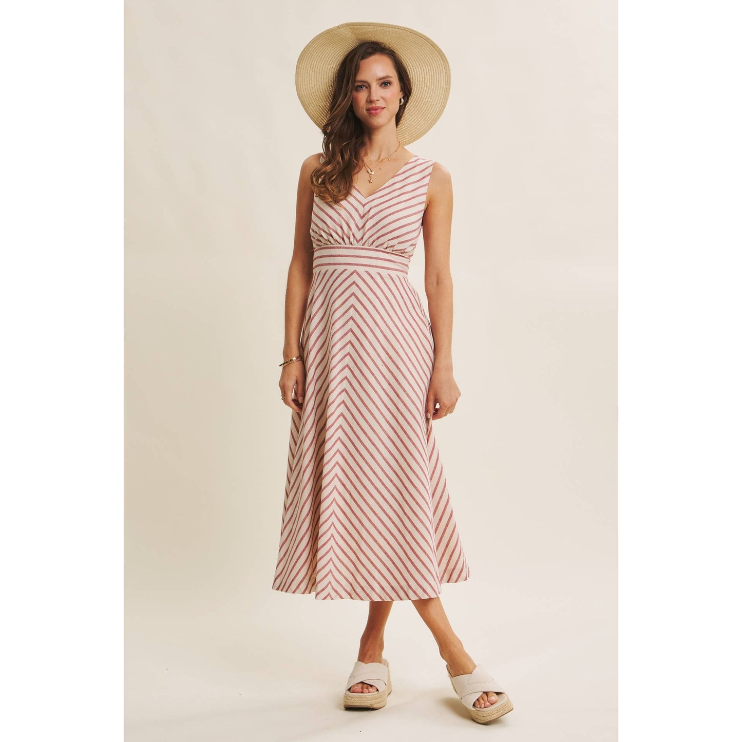 in february - SOFT-GLOW COTTON BLEND LUREX STRIPE FIT AND FLARE MIDI DRESS: RED / S