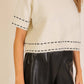 Lumiere - Contrast Stitch Soft Knit Short Sleeve Sweater Top: Cream/Black / S