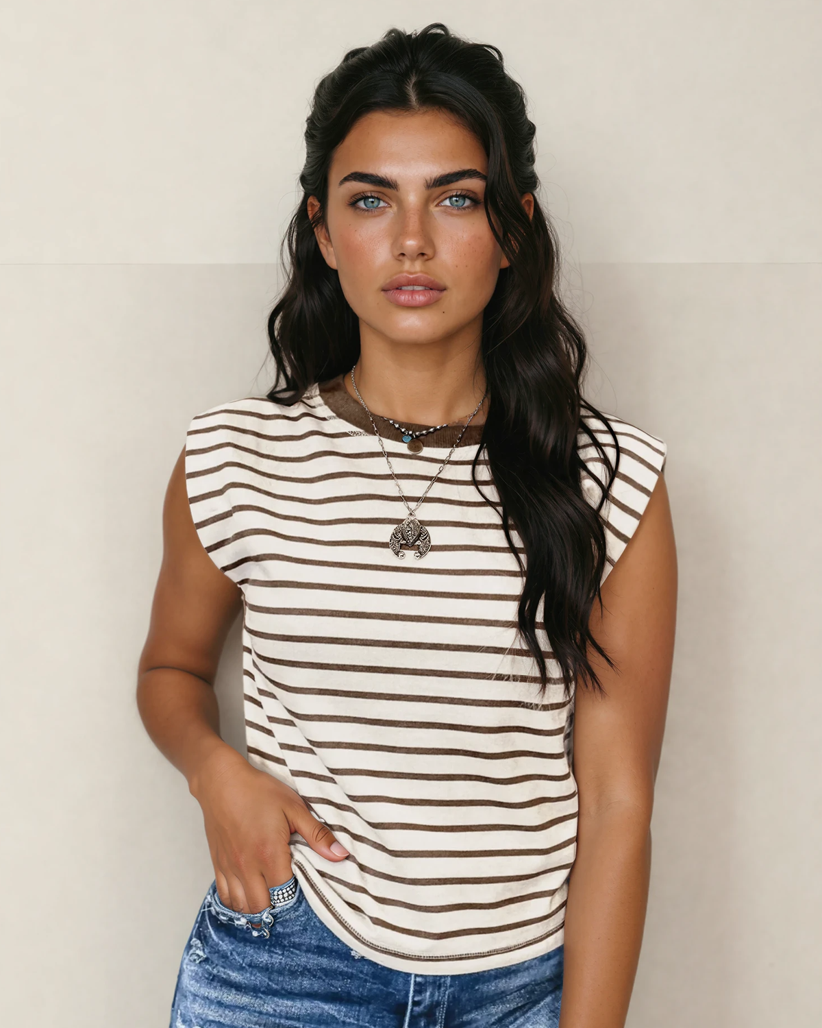 Indie & Co. | Women's Apparel - Serena Stripe Loose Tank Top - Brown | Tank Top | Loose Fit: Rayures marron / 95 % coton+5 % élasthanne / XL