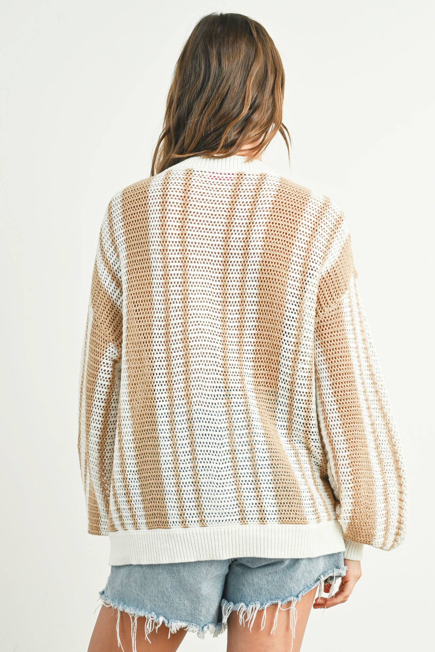 Drop Shoulder Striped Pattern Sweater: IVORY / NAVY