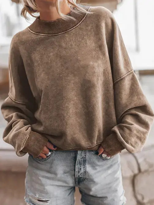 Lovesoft - Green Drop Shoulder Crew Neck Pullover Sweatshirt: Brown / 75%Polyester+25%Cotton / S