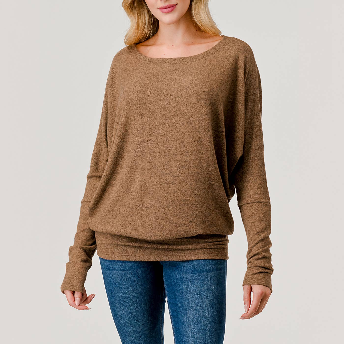 Heimious - Long Dolman Sleeve Round Neck Brushed Knit Top, 2739: Navy / L