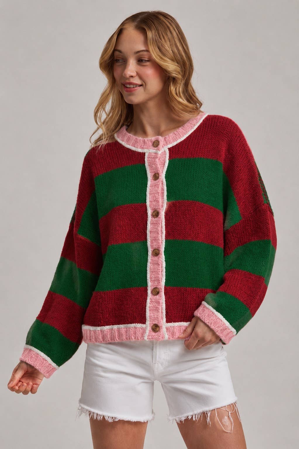 BON - WIDE STRIPE EVERYDAY COZY FALL SWEATER CARDIGAN_JLT00445-01: BLUE/BROWN / S-M-L(2-2-2)