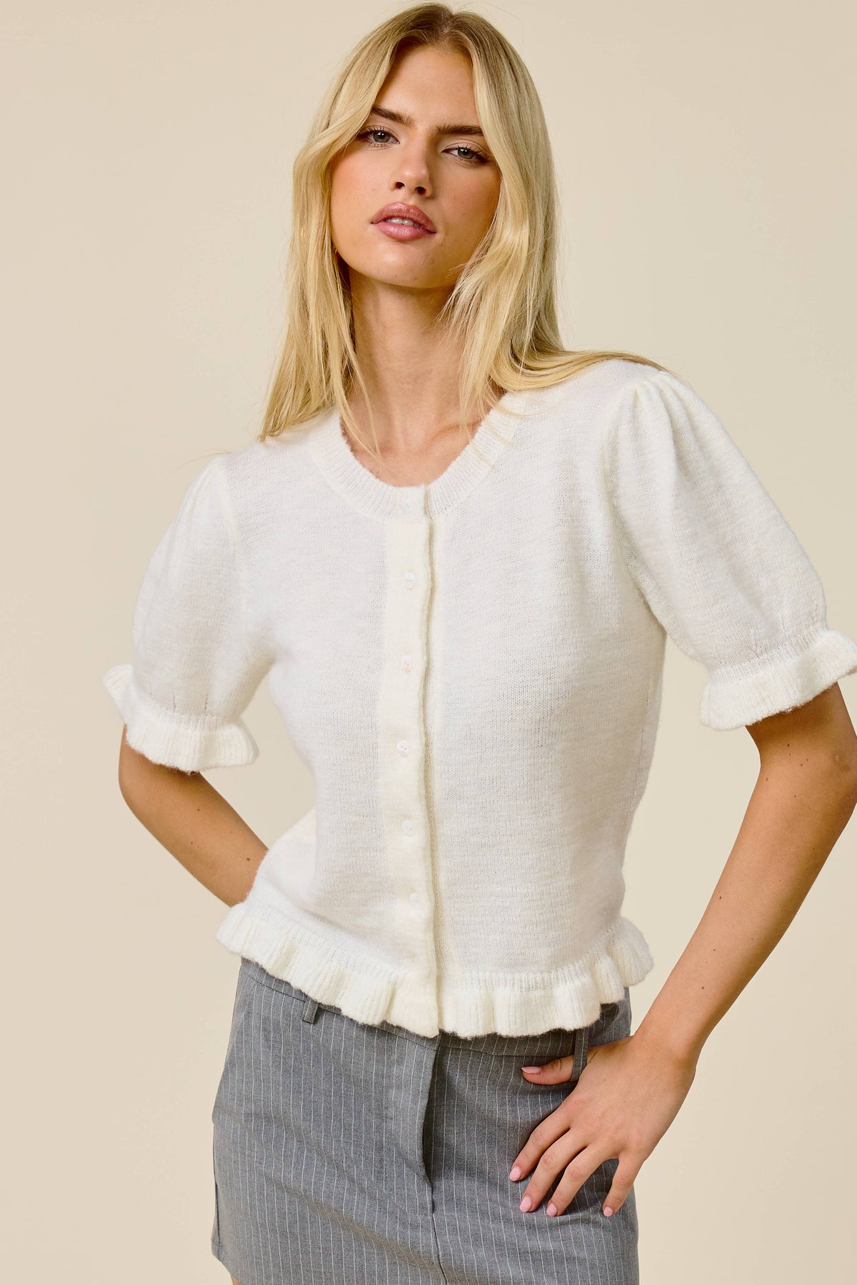 Mimosa - Puff Sleeve Ruffle Hem Knit Cardigan: Ivory / M