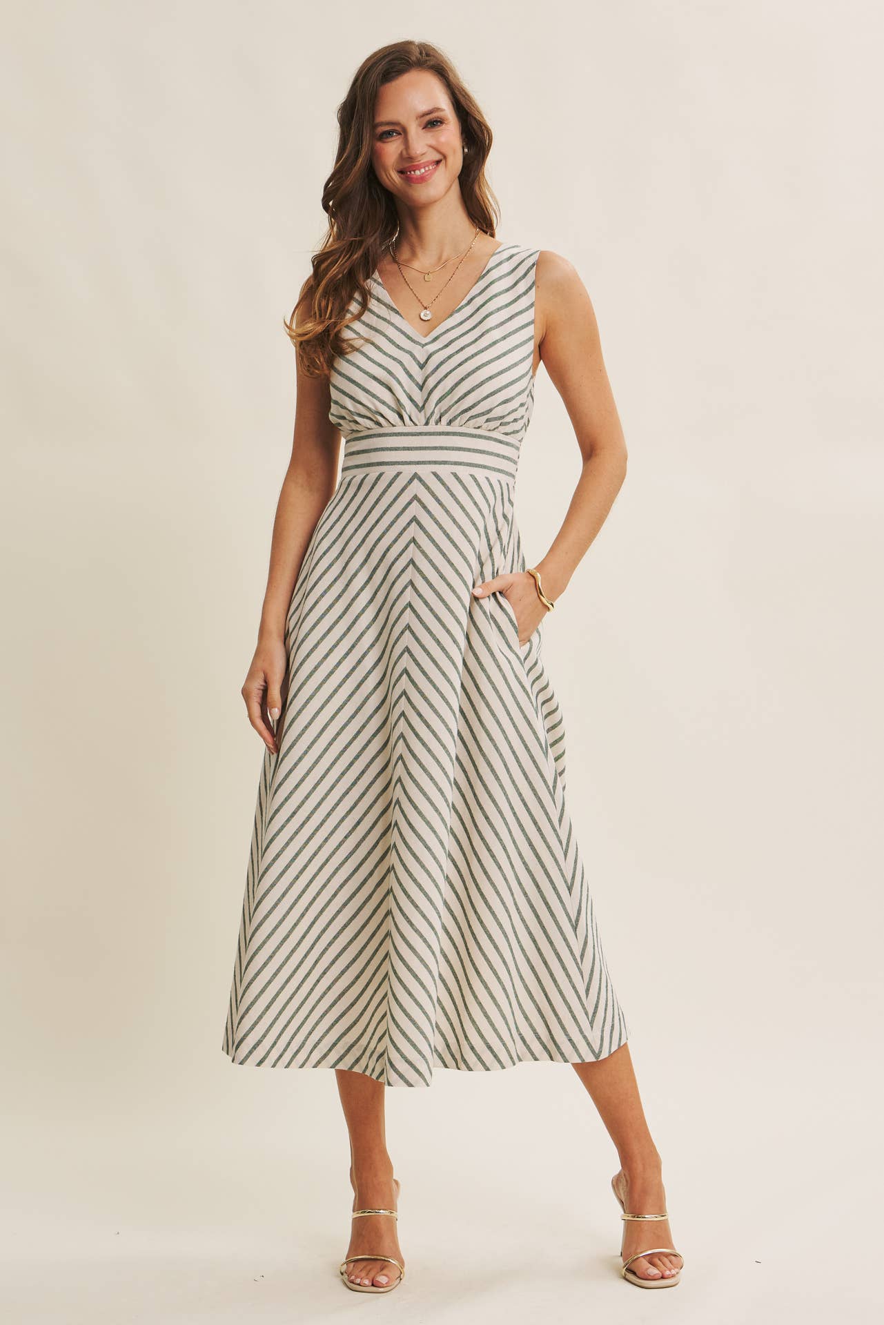 in february - SOFT-GLOW COTTON BLEND LUREX STRIPE FIT AND FLARE MIDI DRESS: RED / L
