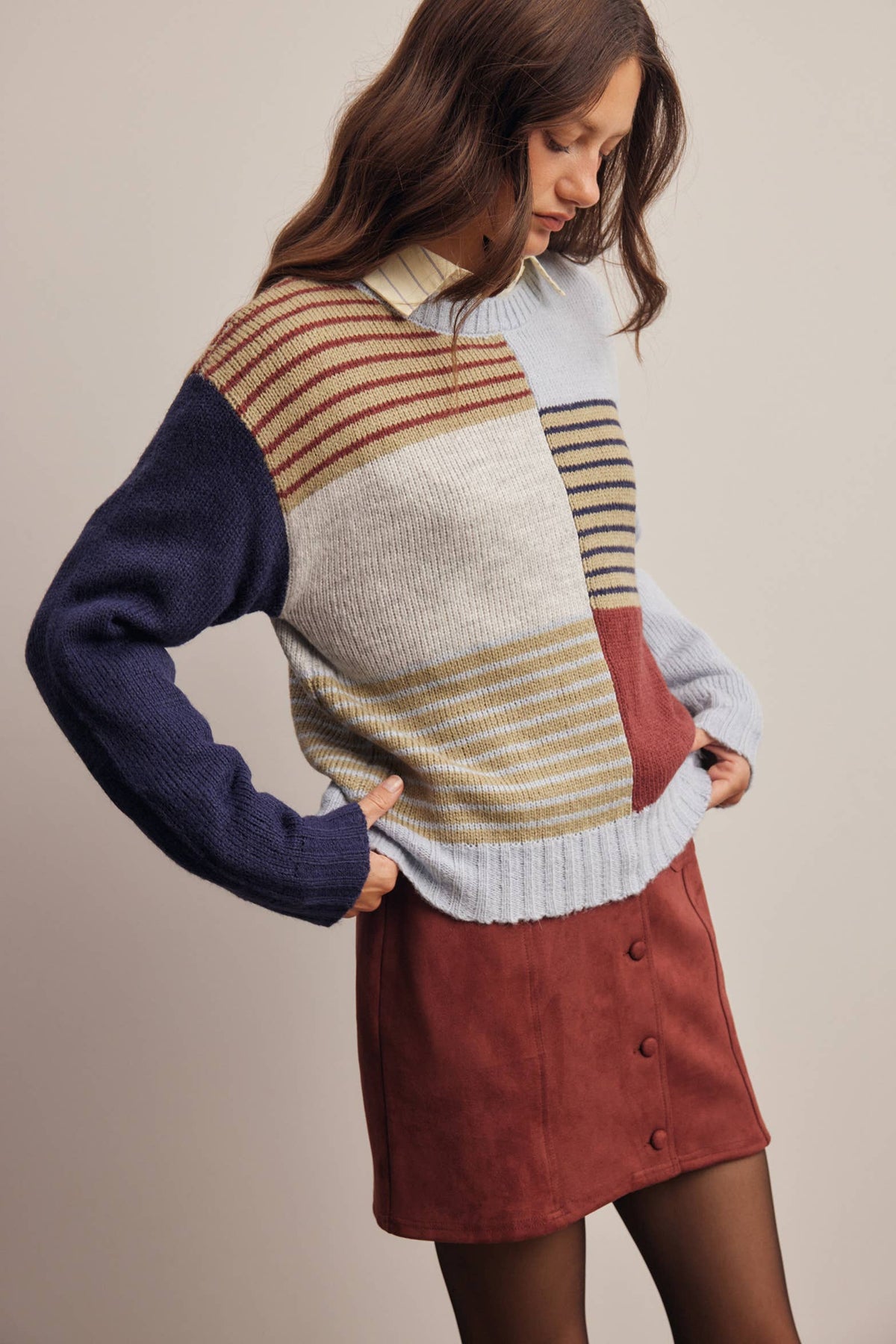 Forte - Colorblock Mixed Stripe Knit Sweater FSW0099: Blue Multi / Contemporary / XL