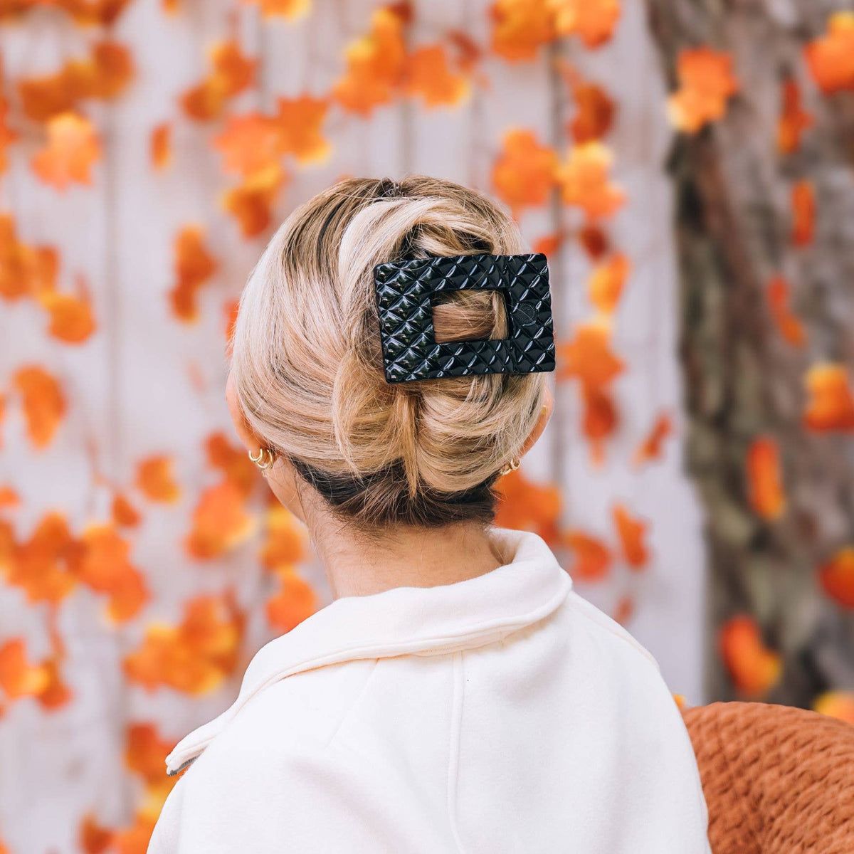 TELETIES - Jet Black Quilted | Large | Flat Rectangle Hair Clip