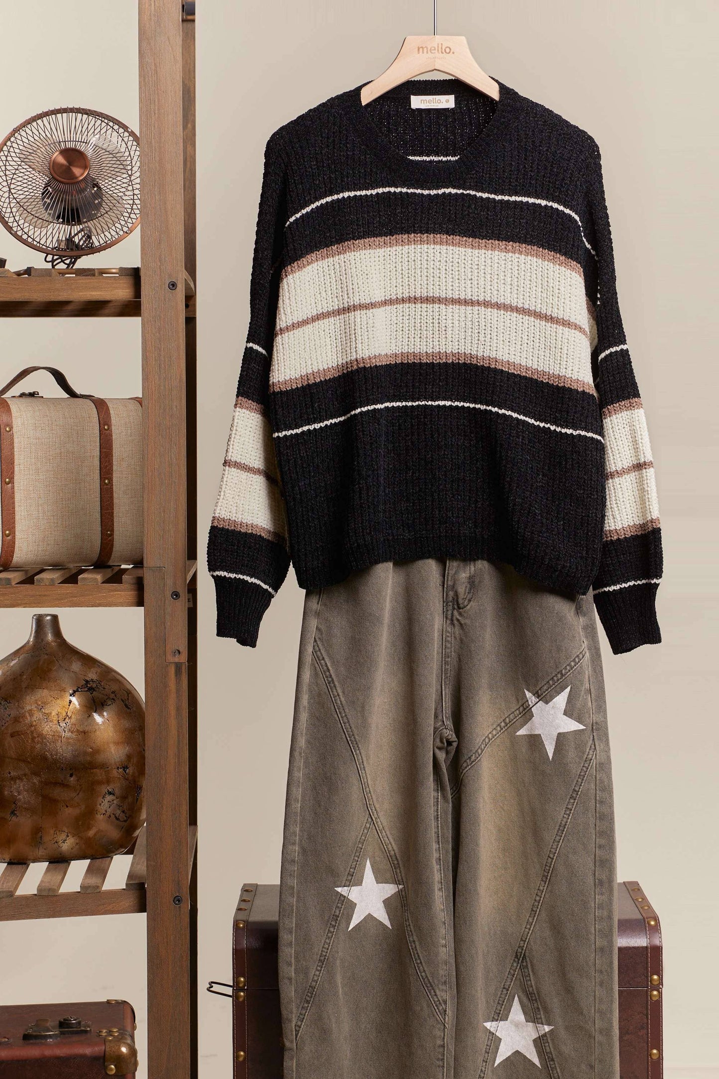 Round Neck Color Blocked Sweater with Stripes