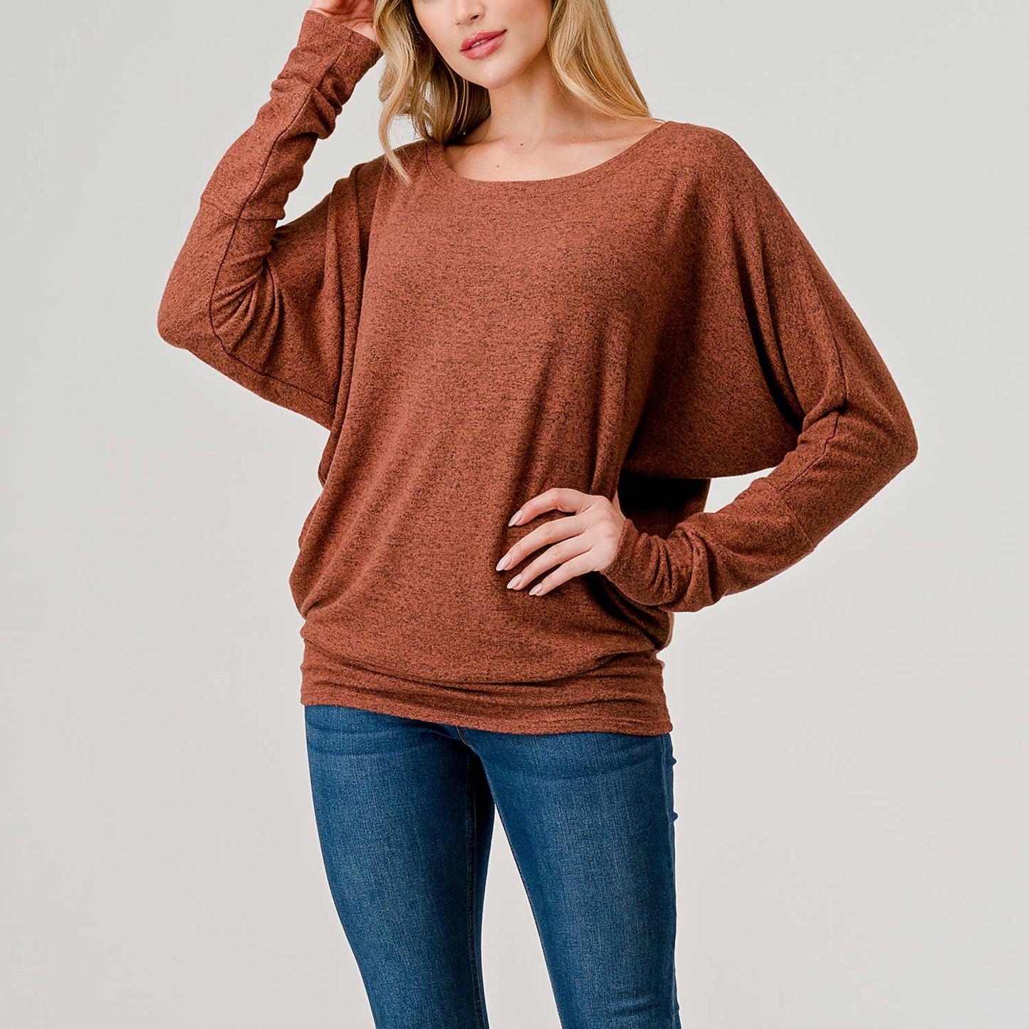 Heimious - Long Dolman Sleeve Round Neck Brushed Knit Top, 2739: Navy / S