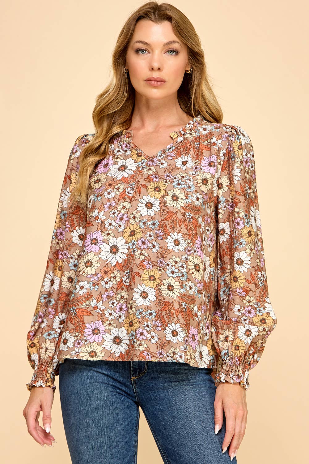 Les Amis - Floral Print Long Sleeve Blouse with Ruffled Neck: Mocha / M
