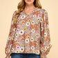Les Amis - Floral Print Long Sleeve Blouse with Ruffled Neck: Mocha / S
