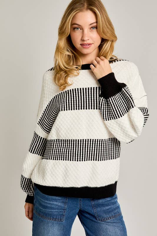 Long Sleeve Crew Neck Striped Pattern Sweater: Black-white Stripe