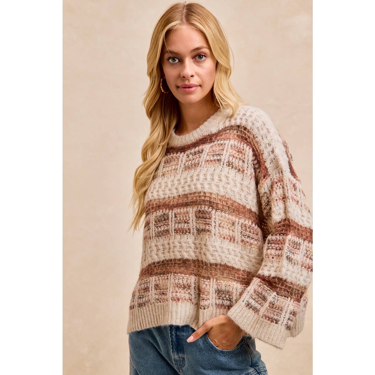 BiBi - VINTAGE SOFT CHECK PATTERN CHUNKY KNIT SWEATER: MOCHA MULTI / XL