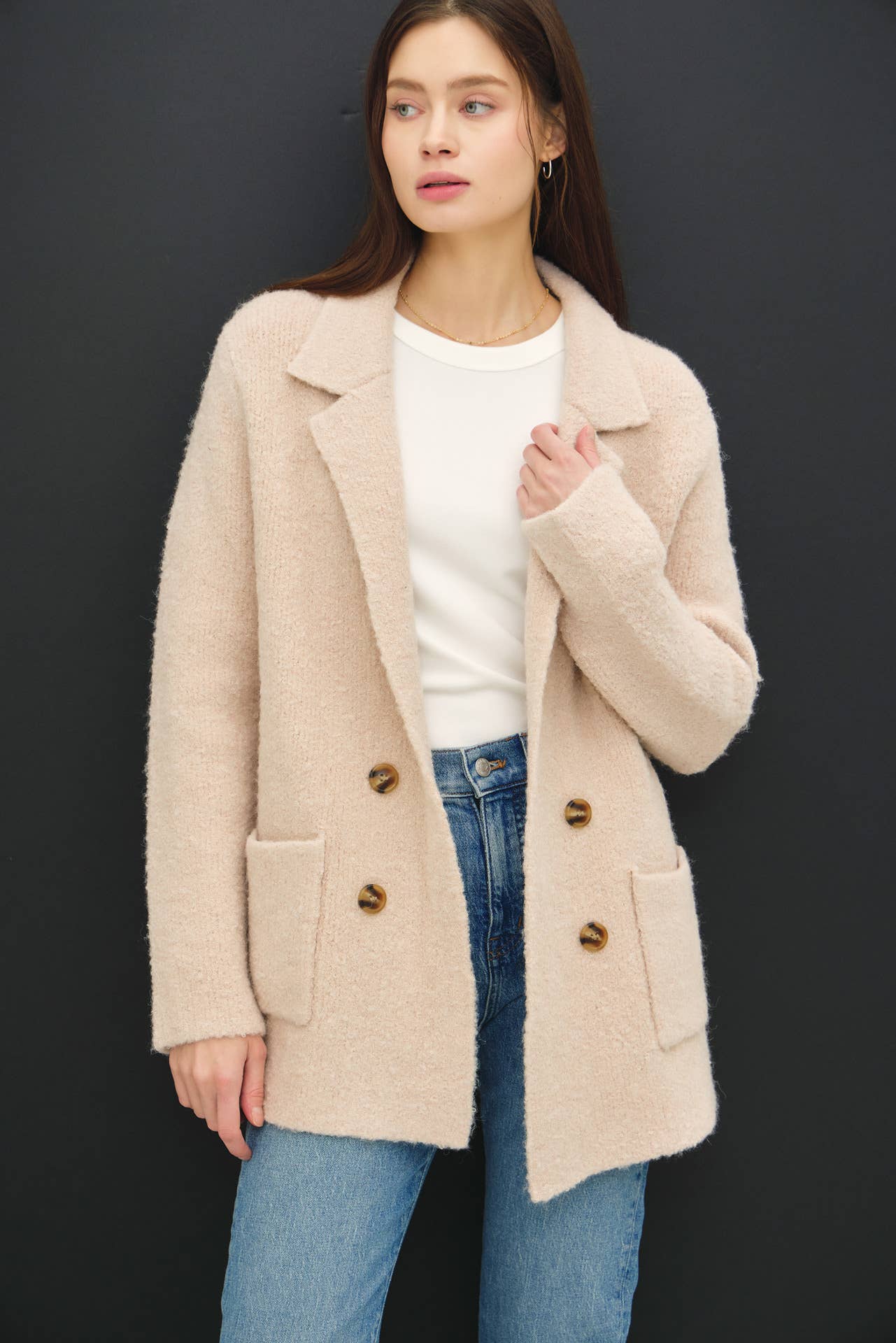 Textured Notched Collar Faux Double-Breasted Coat: Blush Beige